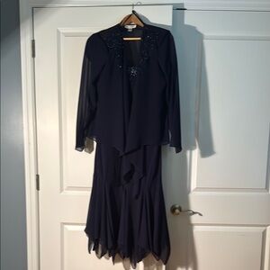 Blue Pleated Tie Front Gown with 3/4 Sleeves